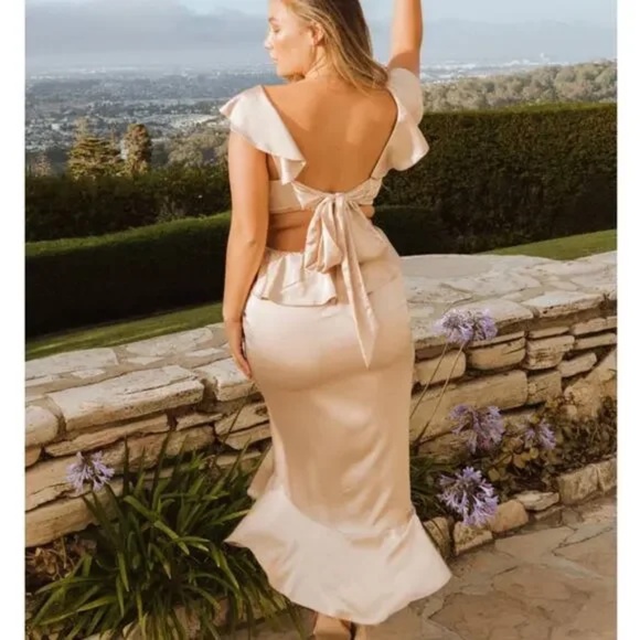 NWT Show me your Mumu Zoey Midi Dress in Champagne Luxe Satin Size L - Picture 2 of 7